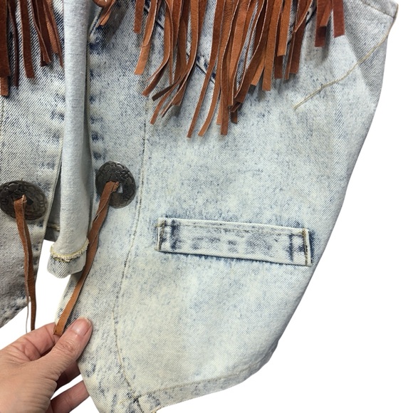Western 80’s Stone Washed Fringe Denim Vest by Bazerk Medium - Picture 9 of 16